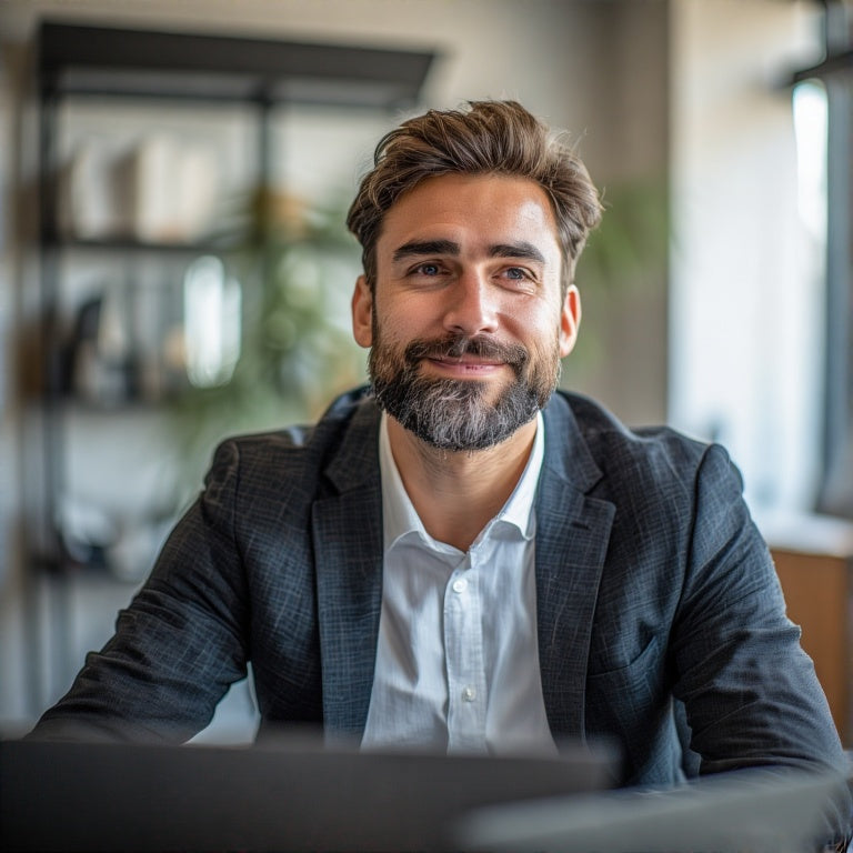 Confident businessman smiling during a 1-on-1 credit improvement call in a modern office