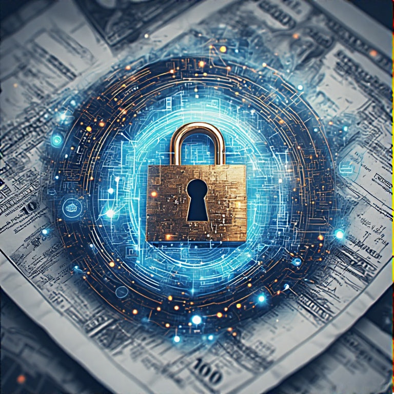 Digital concept of credit bureau lockdown service showing a golden padlock with a glowing blue security shield over money