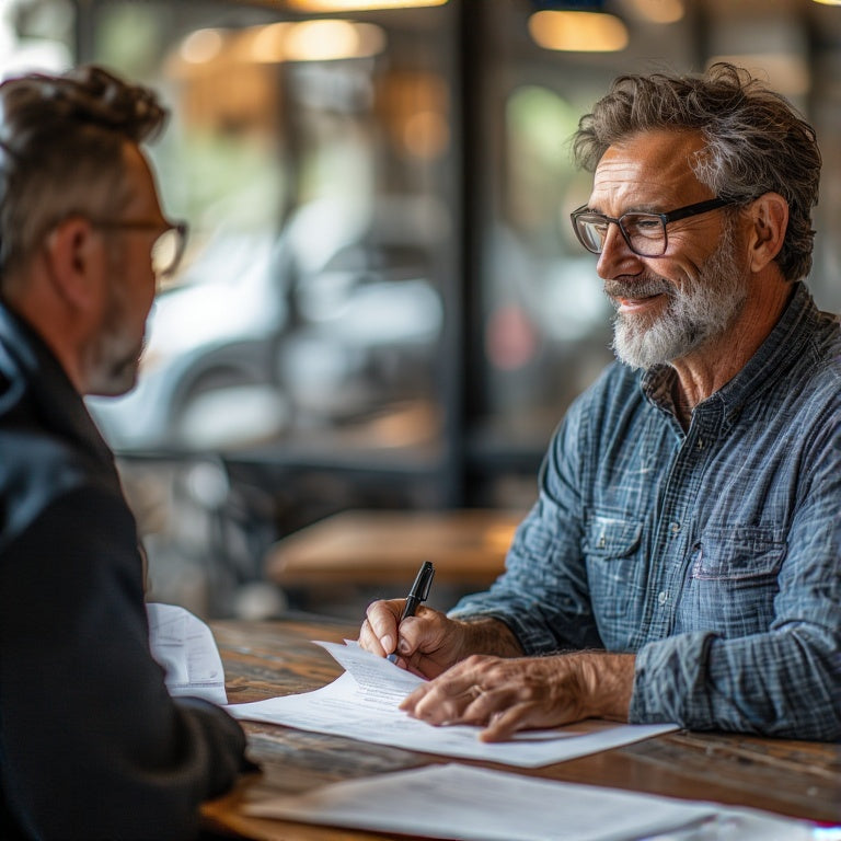 Two men discussing credit repair with funding buildout documents at a wooden table indoors