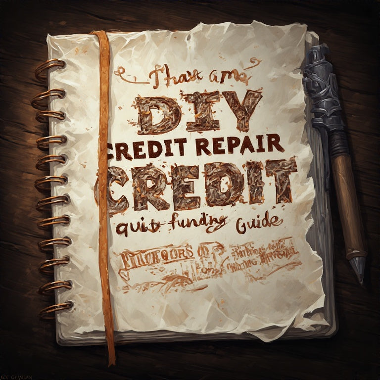 Spiral notebook titled DIY credit repair guide with rustic pen on wooden surface