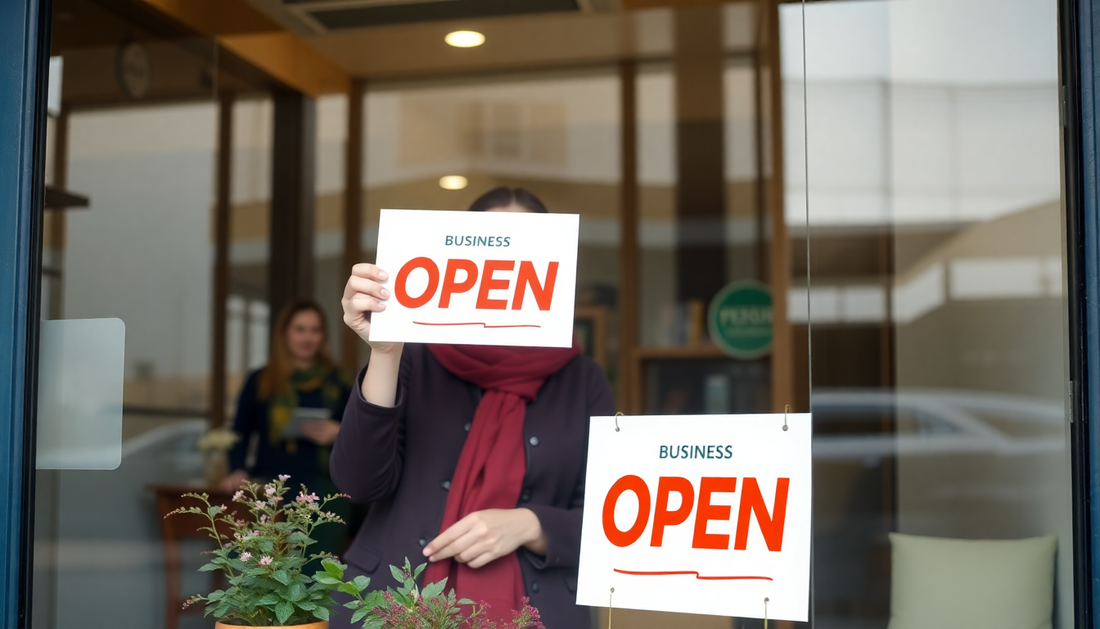 images of adult female placing an open for business sign in the window of her kittle shop after she was approve for the loan at the bank