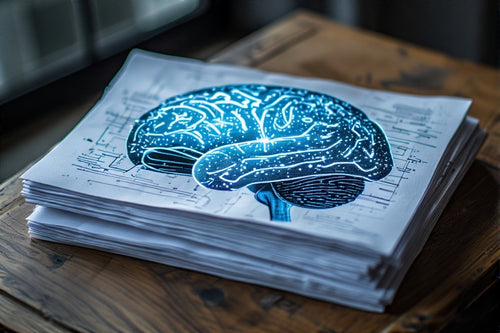 AI toolkit for funding approval digital product featuring a glowing brain illustration on technical blueprints