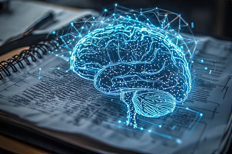 Digital holographic brain projection illustrating AI toolkit for funding approval on an open notebook