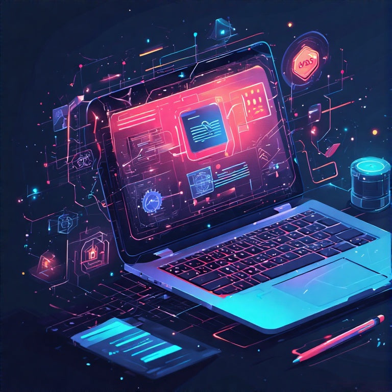 Futuristic laptop displaying an AI toolkit for funding approval with digital interface and data icons