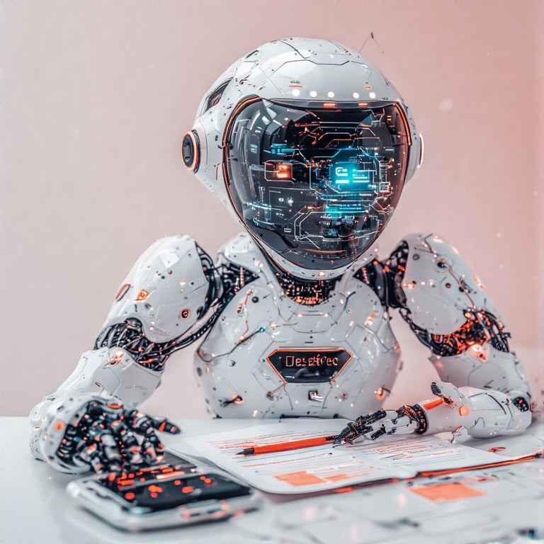 Futuristic robot analyzing documents and smartphone showcasing AI toolkit for funding approval by The 777 Club