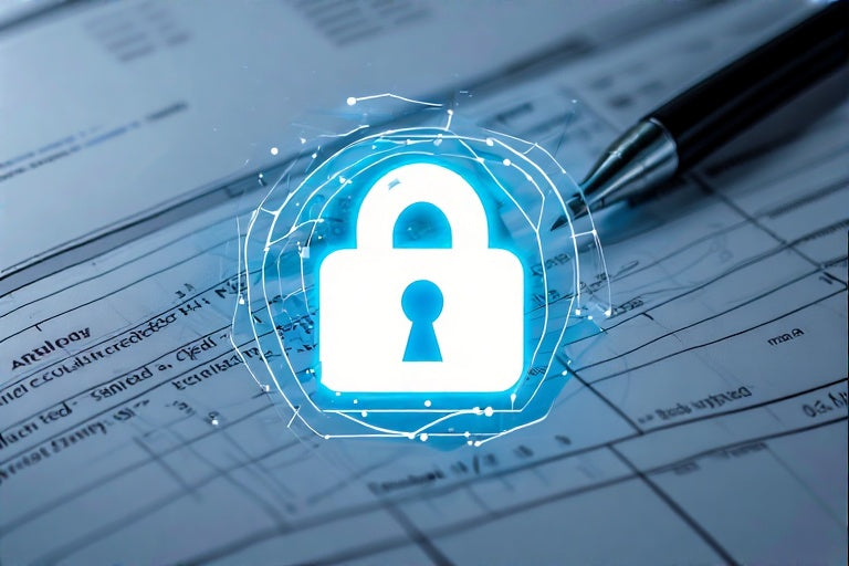 Credit bureau lockdown service digital concept with lock icon overlay on credit report and pen
