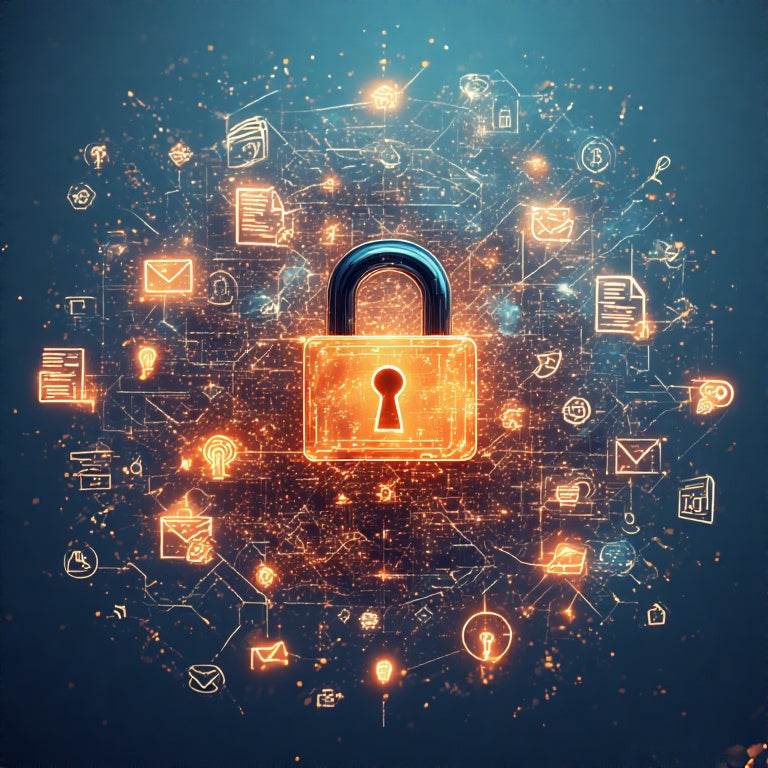 Digital lock surrounded by icons representing data security for credit bureau lockdown service