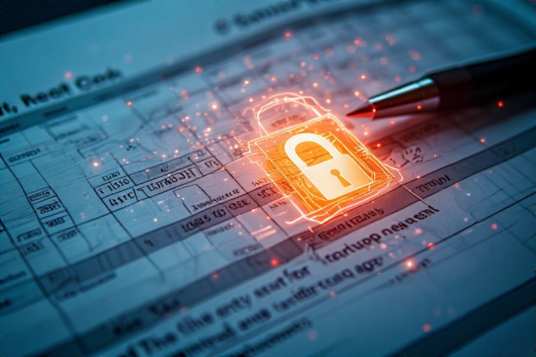 Digital credit bureau lockdown service concept with glowing lock icon on document and pen