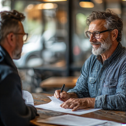Two men discussing credit repair with funding buildout documents at a wooden table indoors