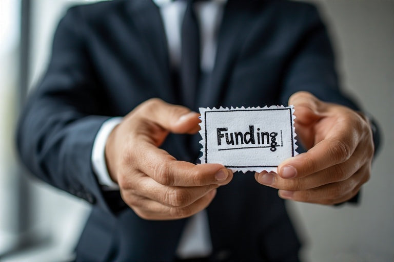 Businessman holding a card with funding text for credit repair with funding buildout digital product