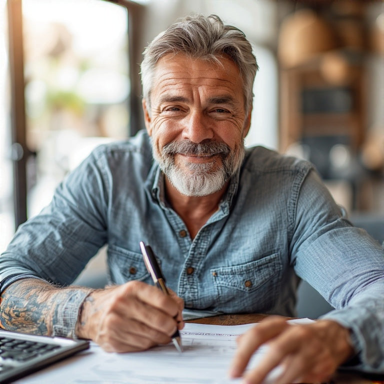 Mature man working on credit repair with funding buildout paperwork at home with a calculator