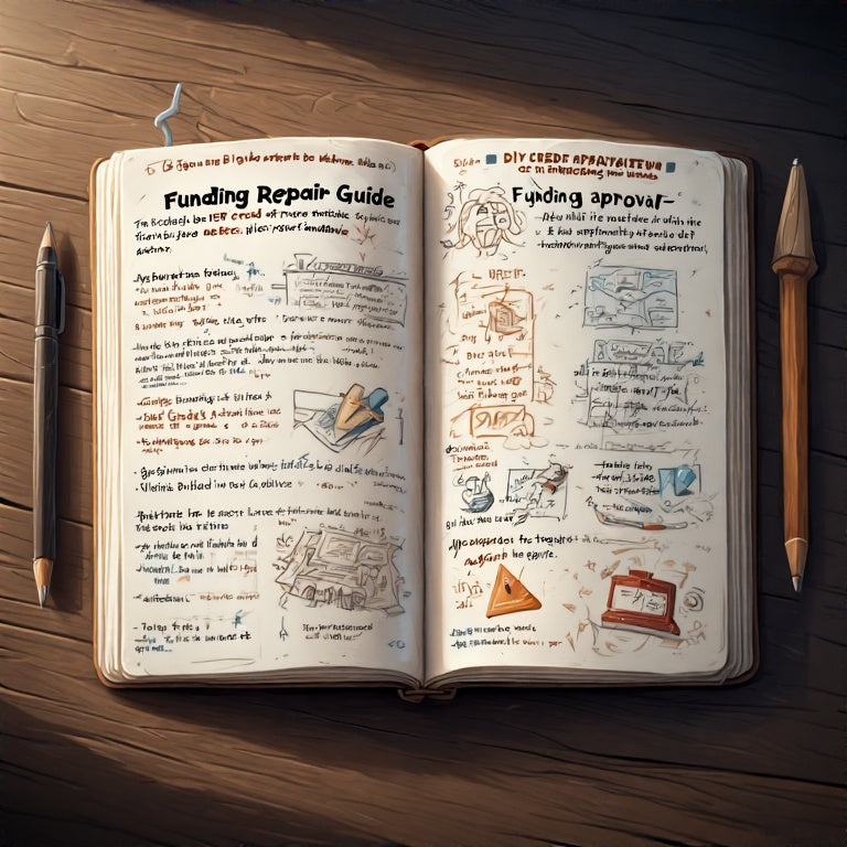 Open notebook showing handwritten DIY credit repair guide with notes and sketches on funding repair and approval