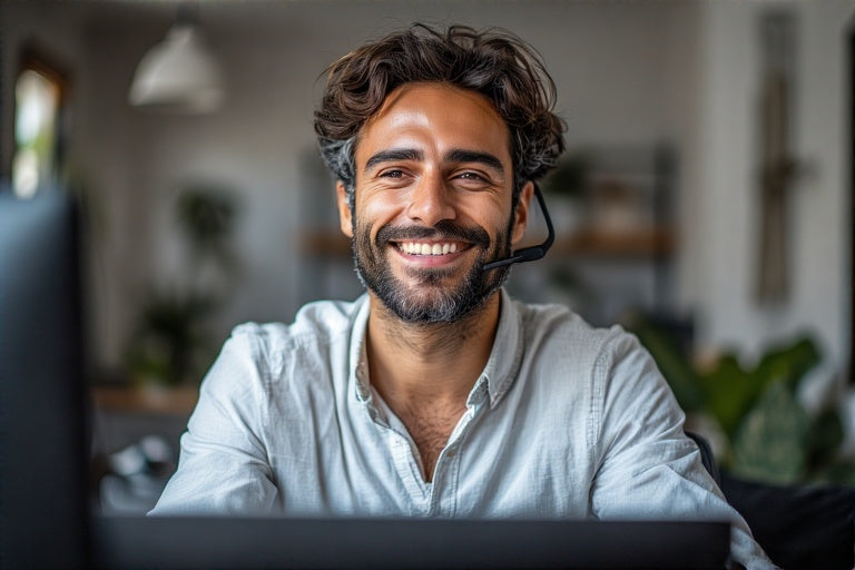 Smiling customer service agent wearing headset during a 1-on-1 credit improvement call in a home office
