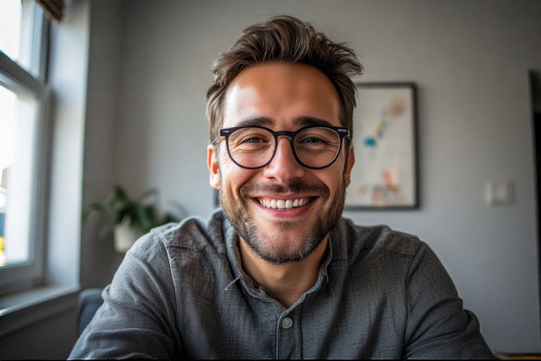Smiling man wearing glasses during a 1-on-1 credit improvement call in a bright room