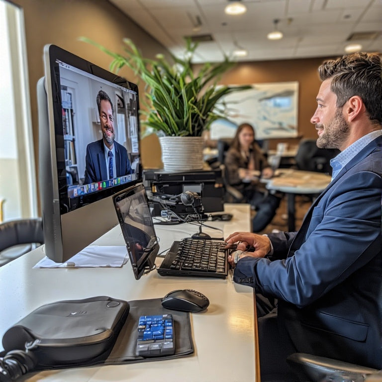 Man in suit having a 1-on-1 credit improvement call on desktop computer in office setting